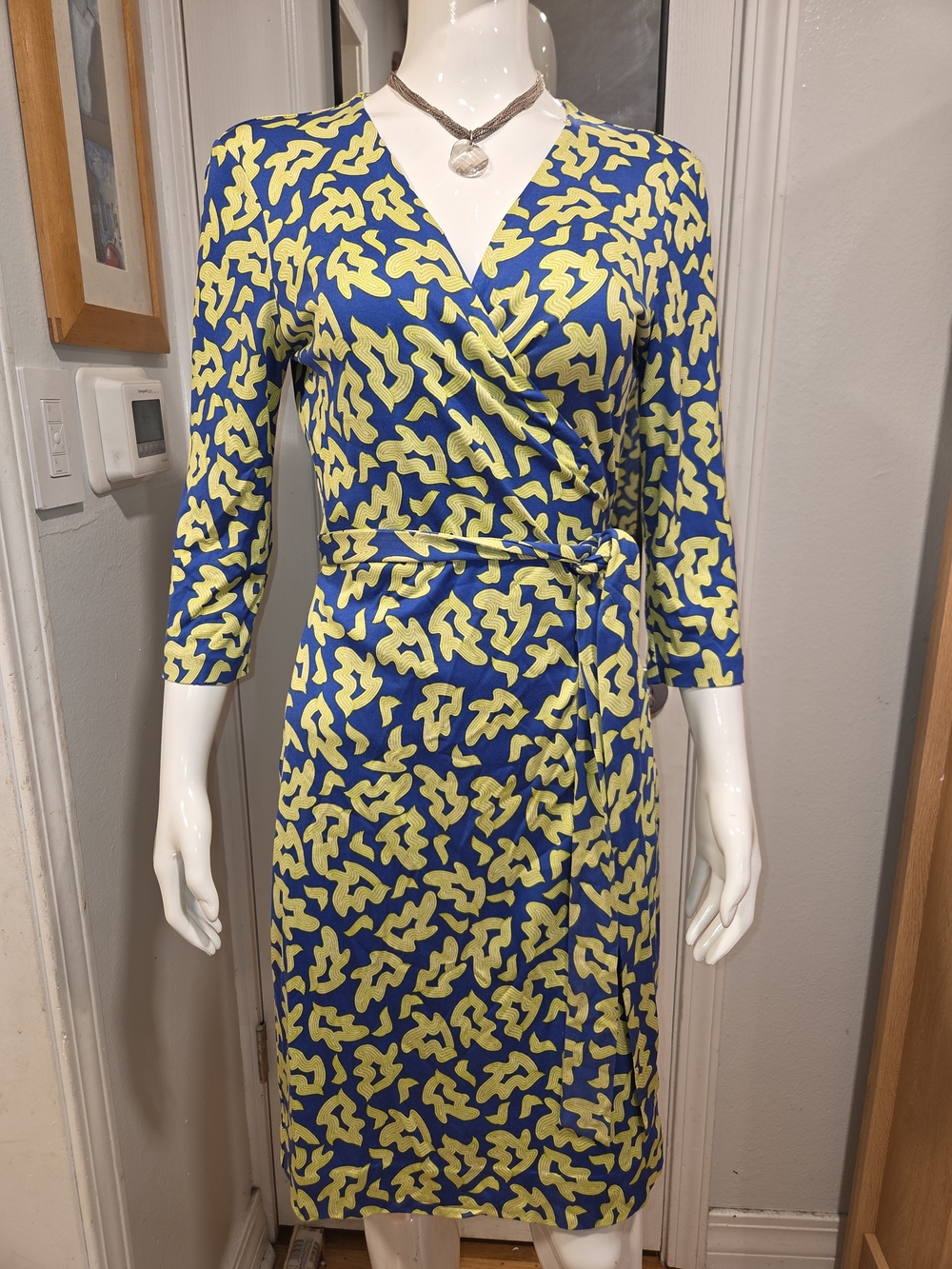Diane Von Furstenberg Blue and Yellow Wrap Midi Dress